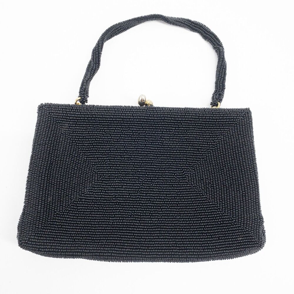 Vintage Purse Small Black Beaded Evening Bag Kiss Lock Gold tone Hardware